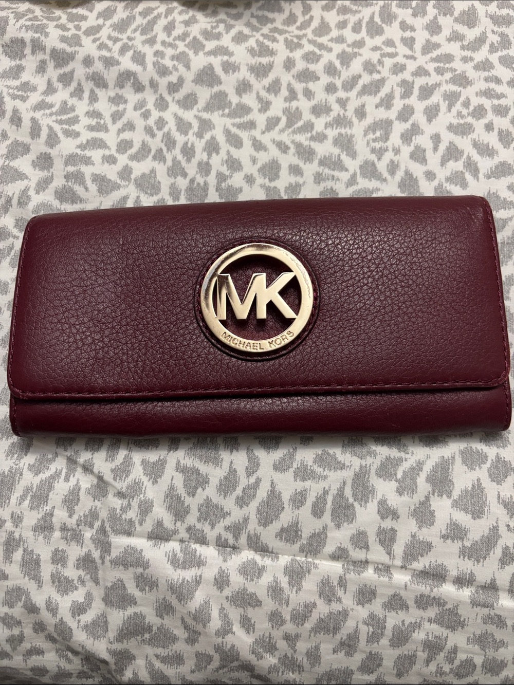 Michael Kors Wine Leather Continental Wallet with Gold MK Emblem